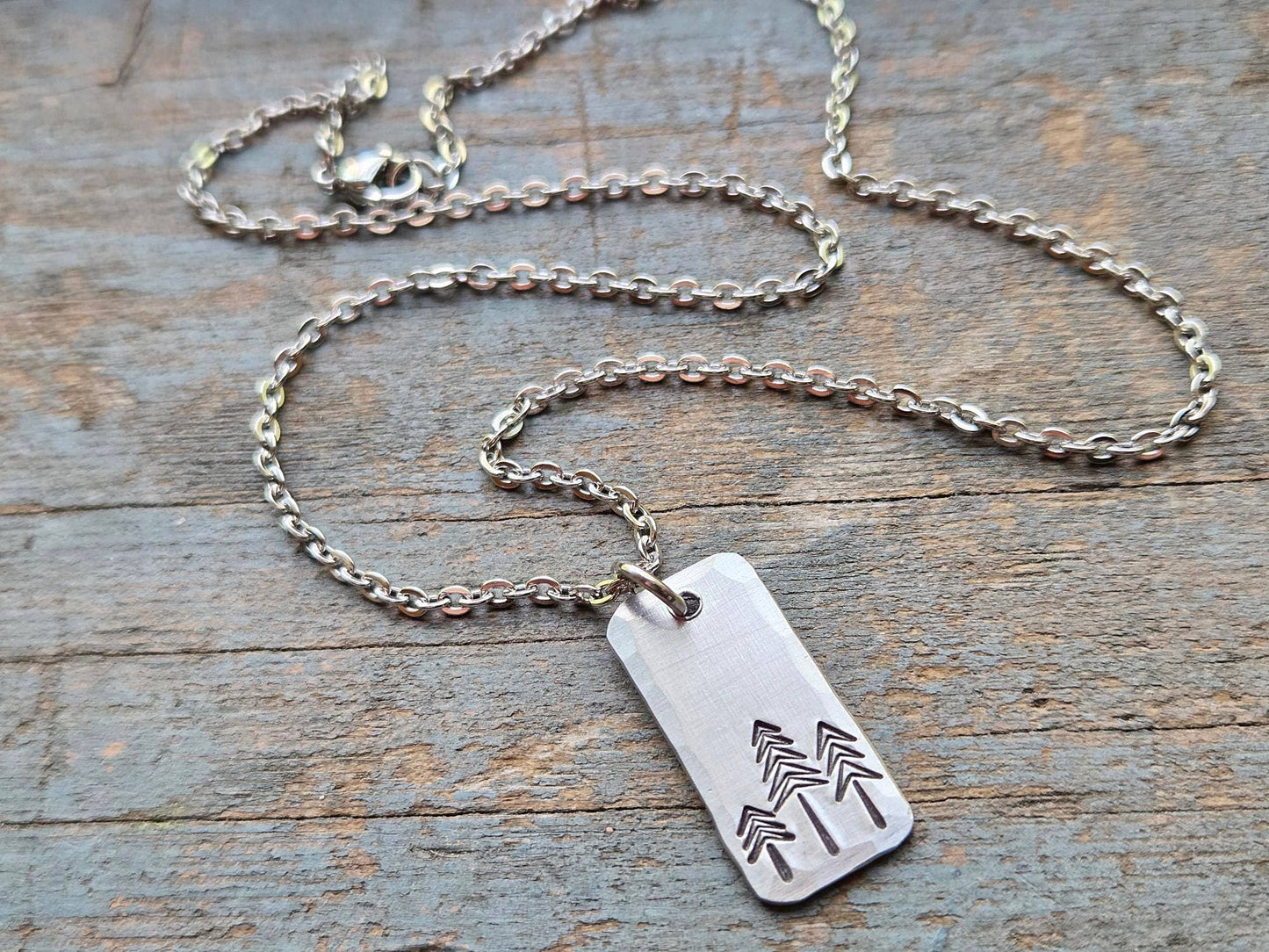 Pine Tree Earrings, Rectangle, Hand-Stamped Aluminum