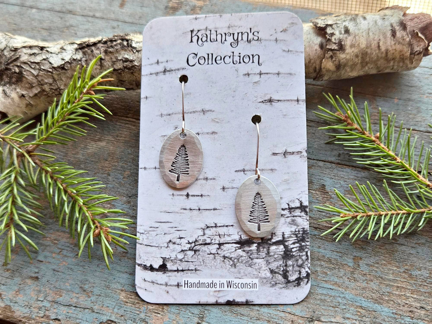 Pine Tree Earrings, Small Oval, Hand-Stamped
