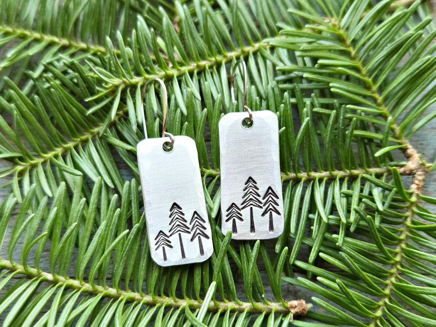 Pine Tree Earrings, Rectangle, Hand-Stamped Aluminum