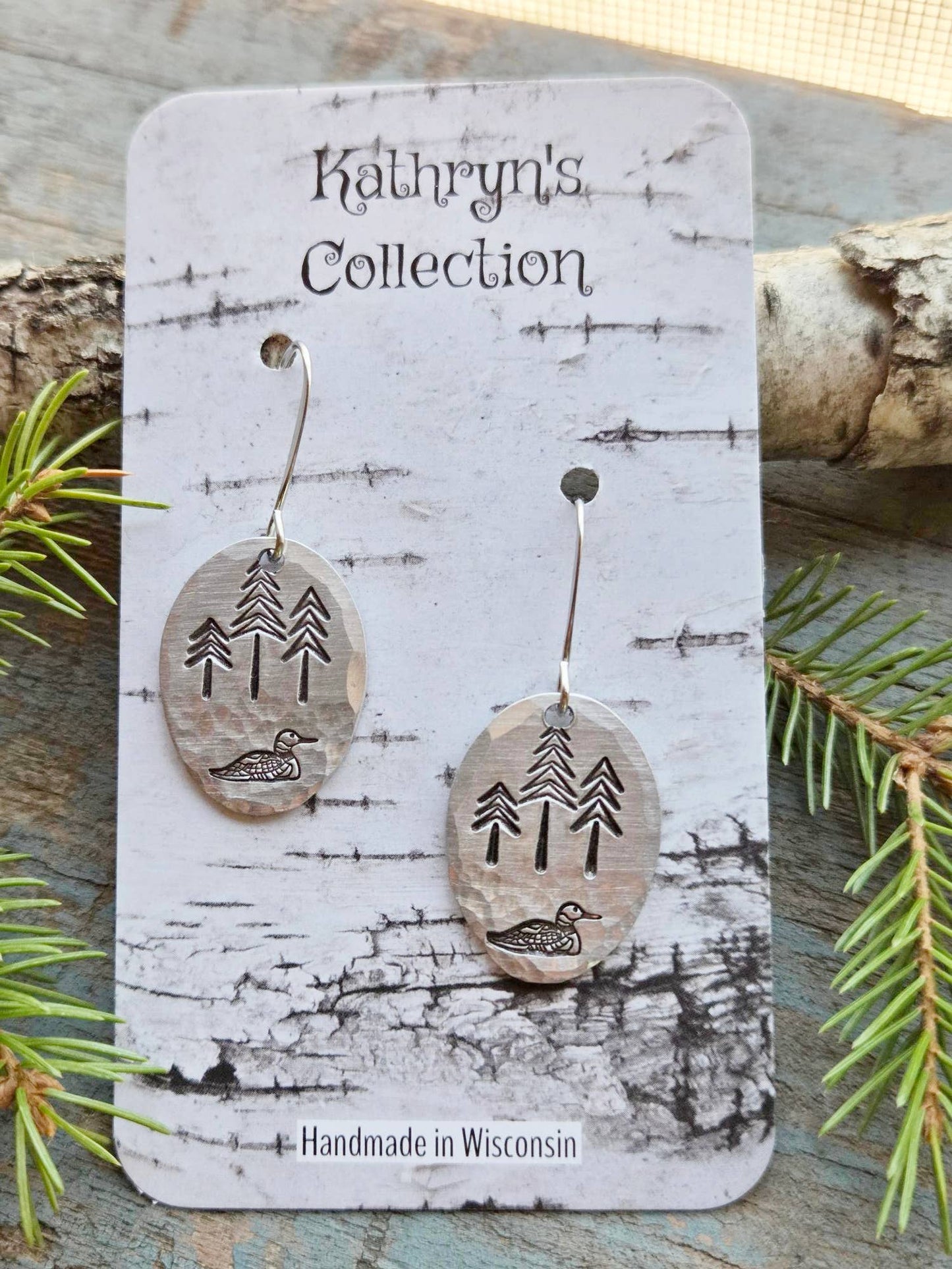 Loon Earrings, Medium, Hand-Stamped