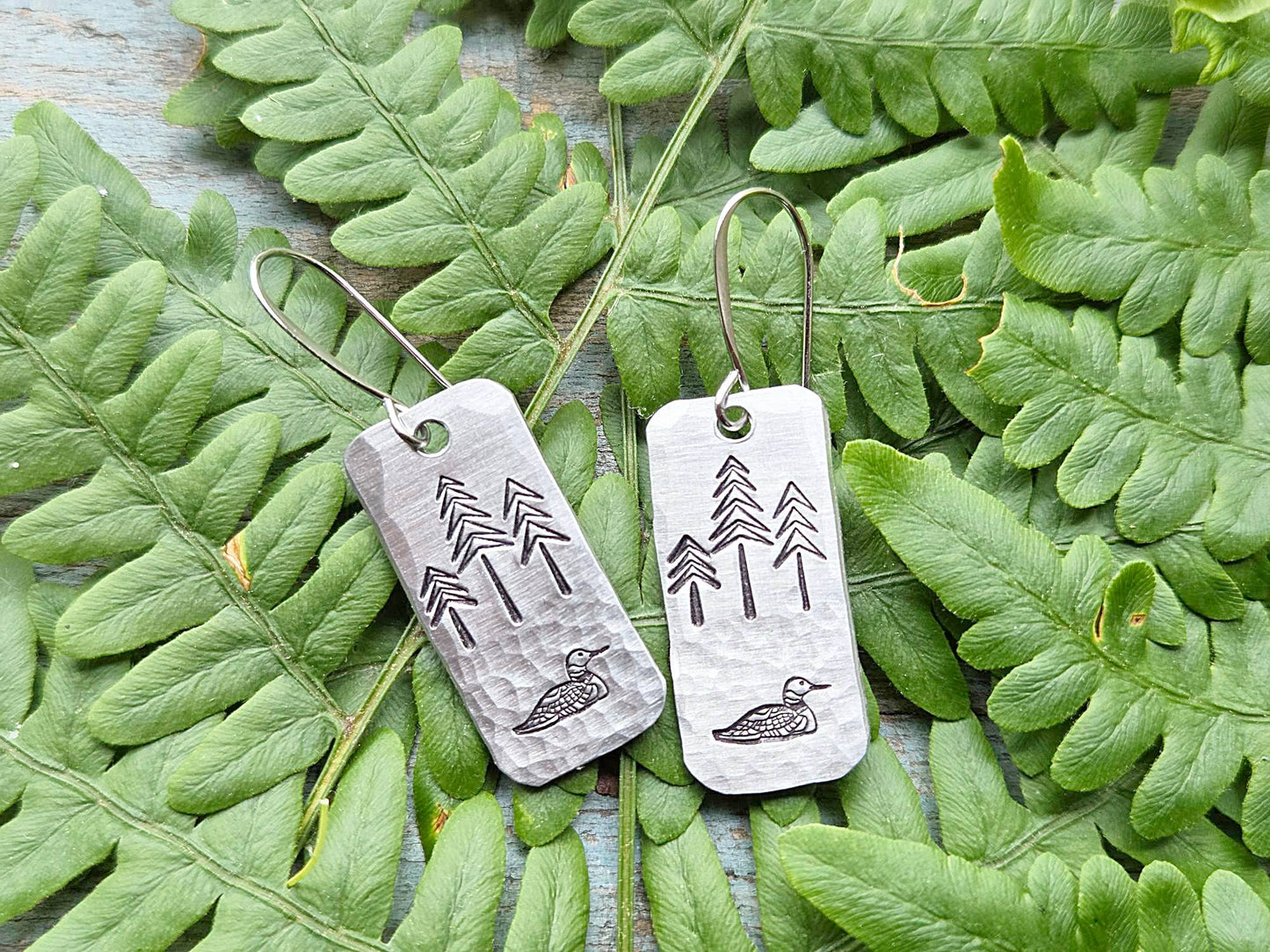 Loon Earrings, Hand-Stamped Aluminum