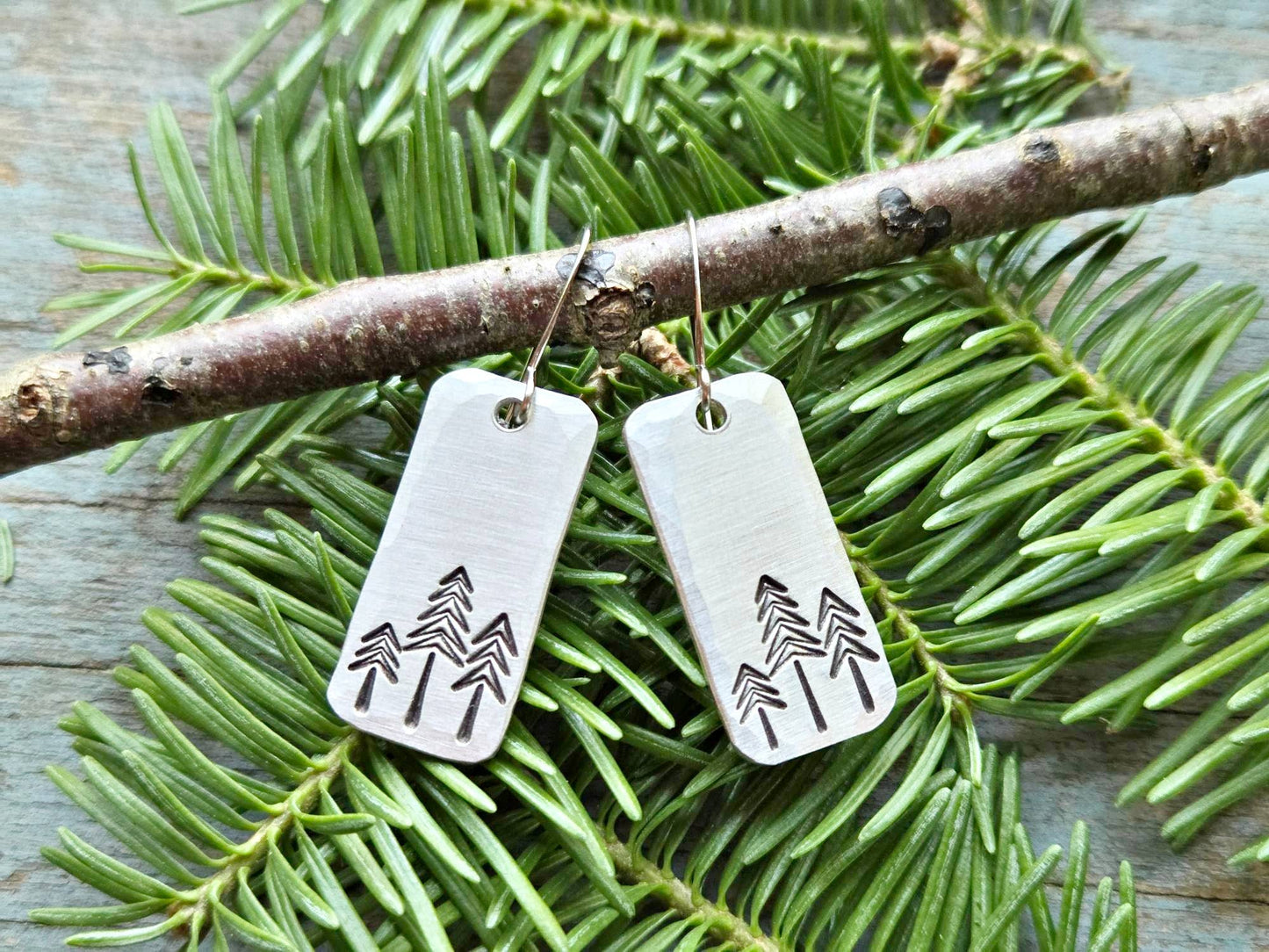 Pine Tree Earrings, Rectangle, Hand-Stamped Aluminum
