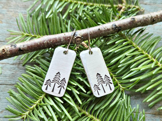 Pine Tree Earrings, Rectangle, Hand-Stamped Aluminum