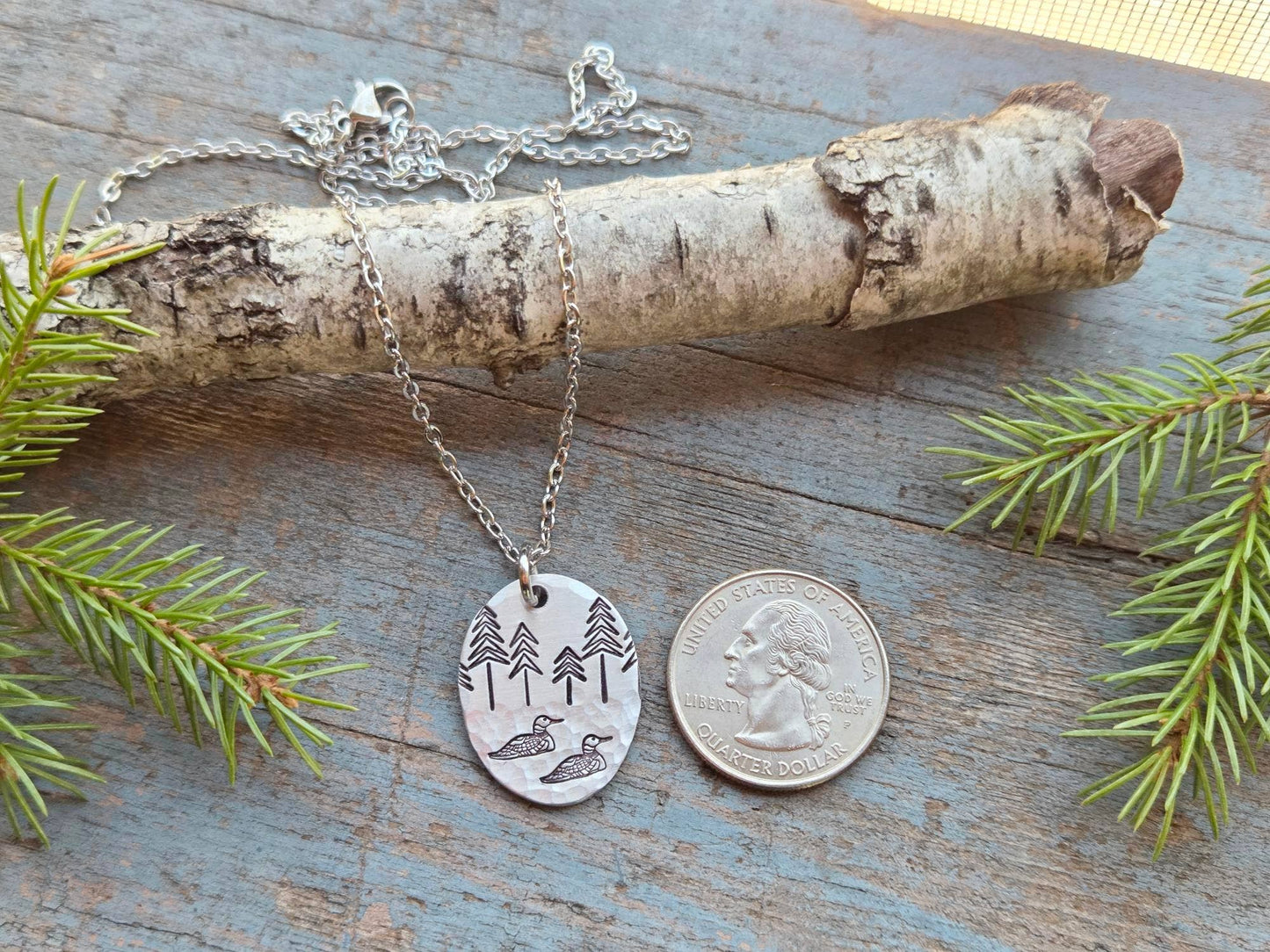 Loon Pendant Necklace, Hand-Stamped