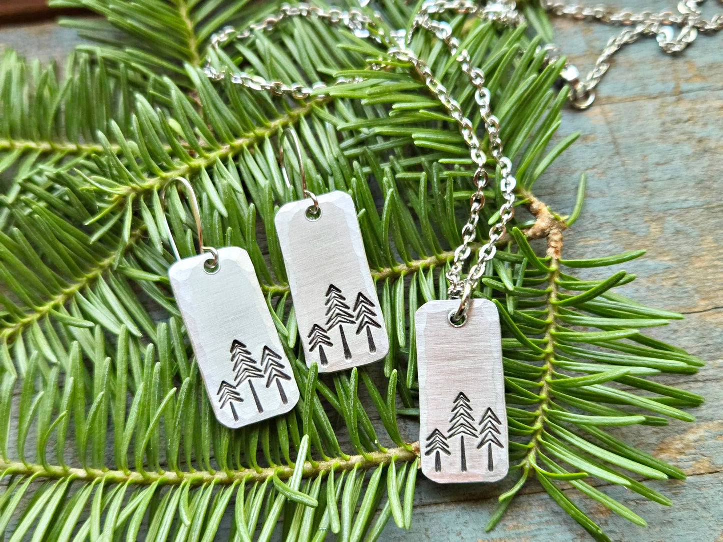 Pine Tree Earrings, Rectangle, Hand-Stamped Aluminum
