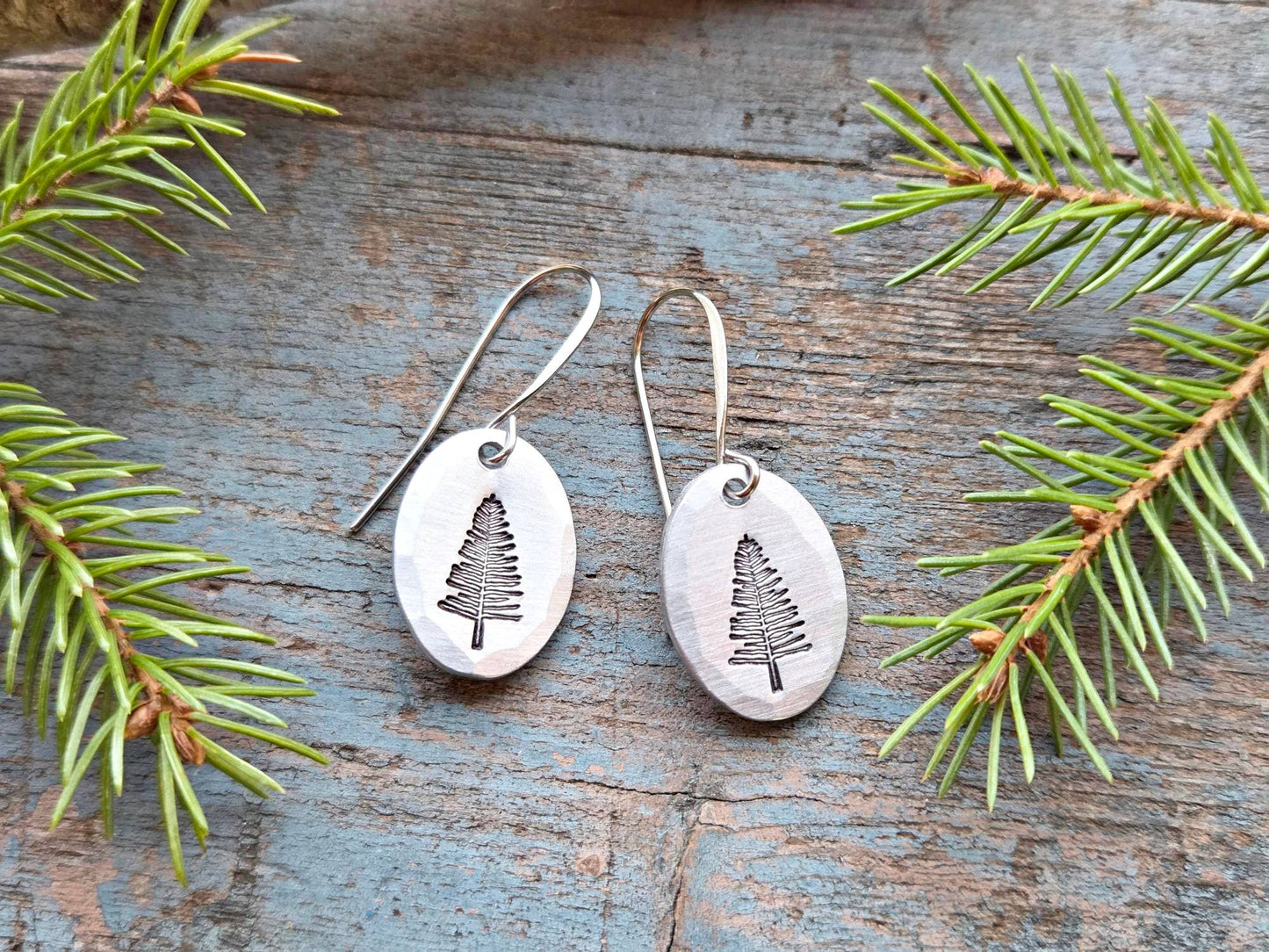 Pine Tree Earrings, Small Oval, Hand-Stamped