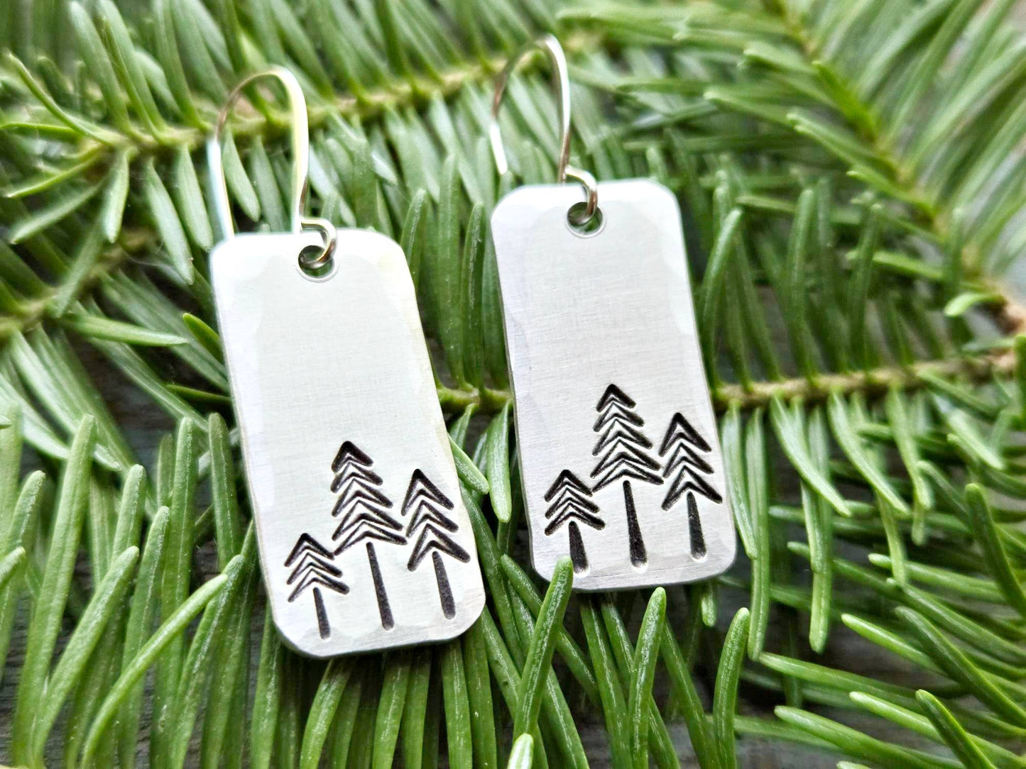 Pine Tree Earrings, Rectangle, Hand-Stamped Aluminum