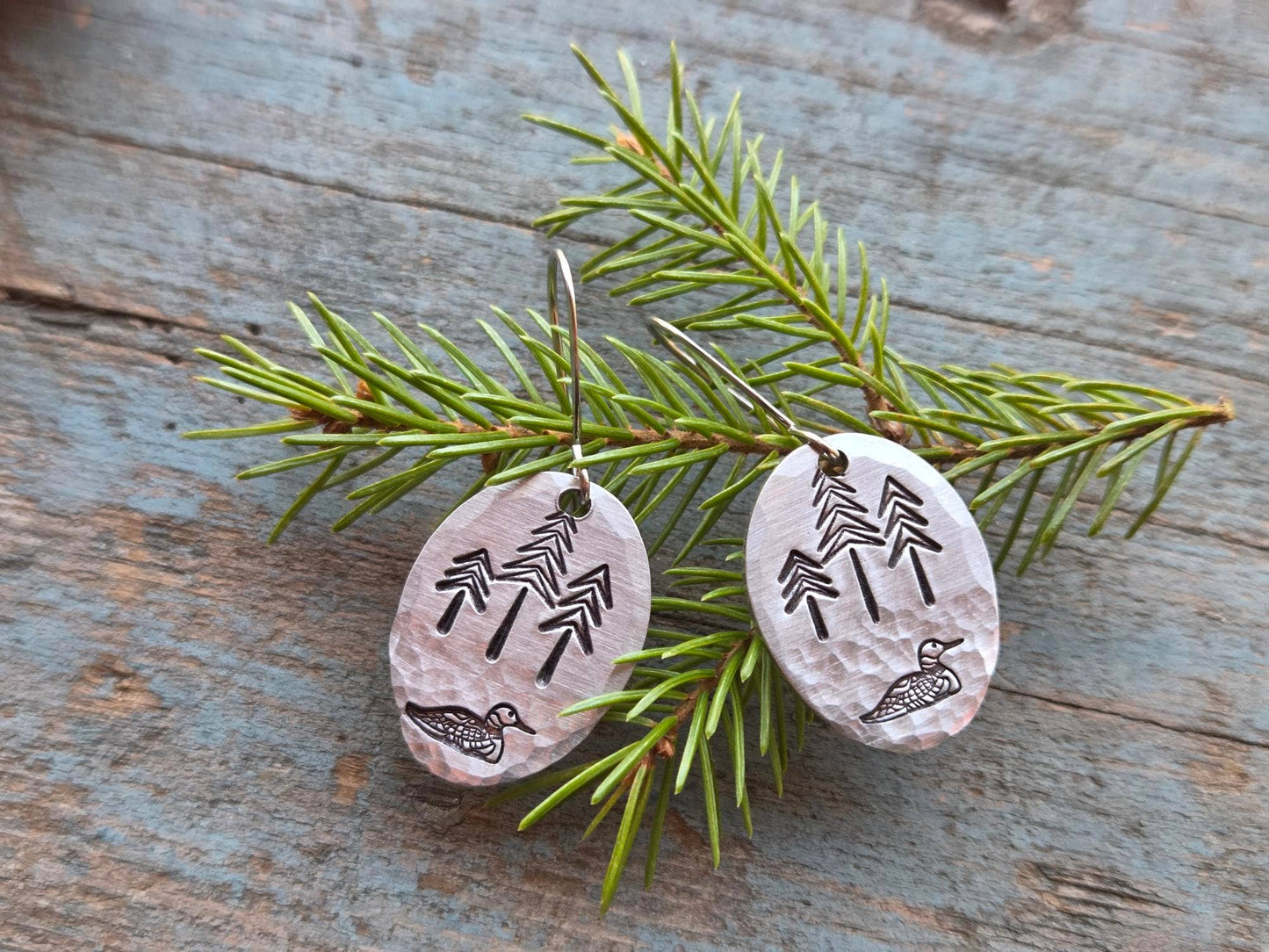 Loon Earrings, Medium, Hand-Stamped
