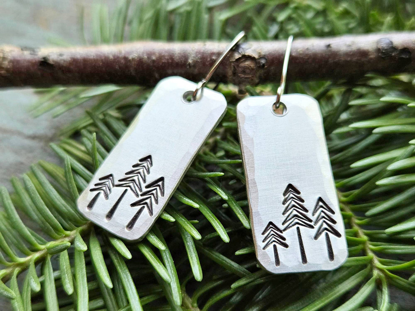 Pine Tree Earrings, Rectangle, Hand-Stamped Aluminum