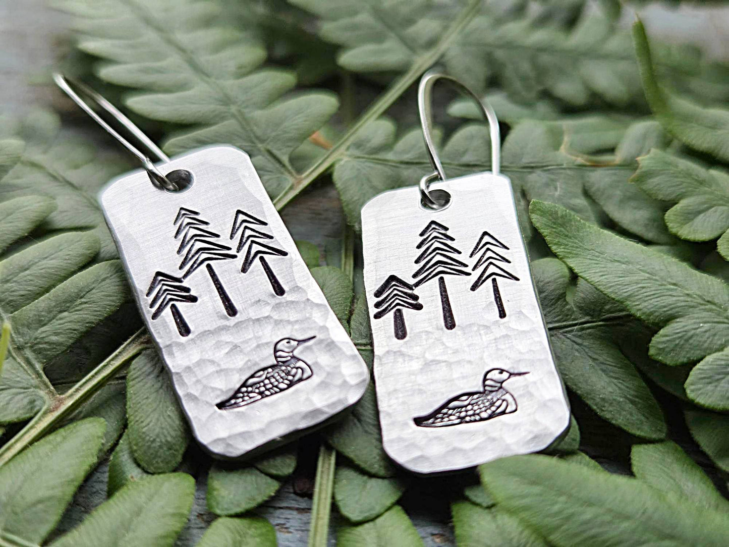 Loon Earrings, Hand-Stamped Aluminum