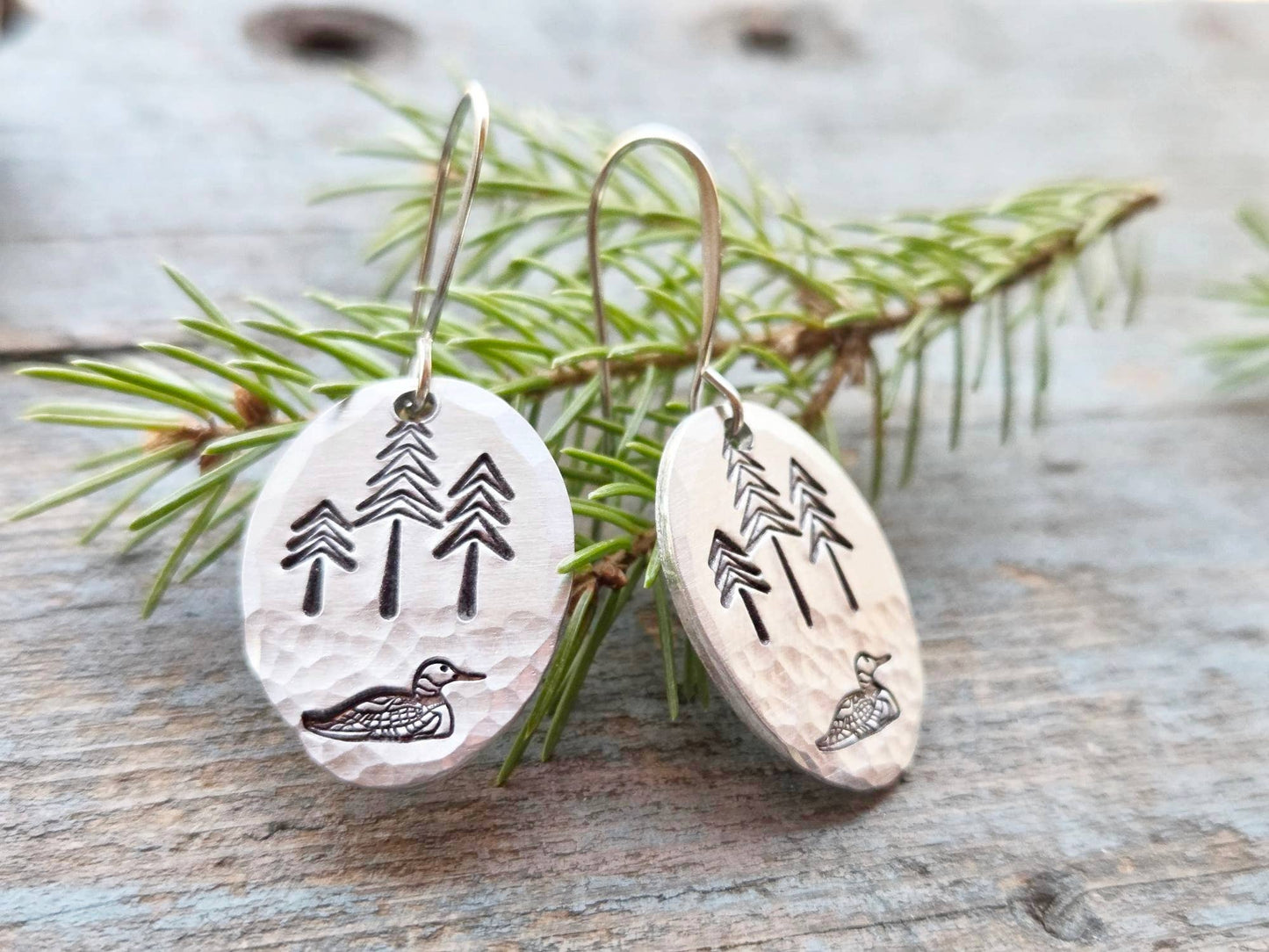 Loon Earrings, Medium, Hand-Stamped