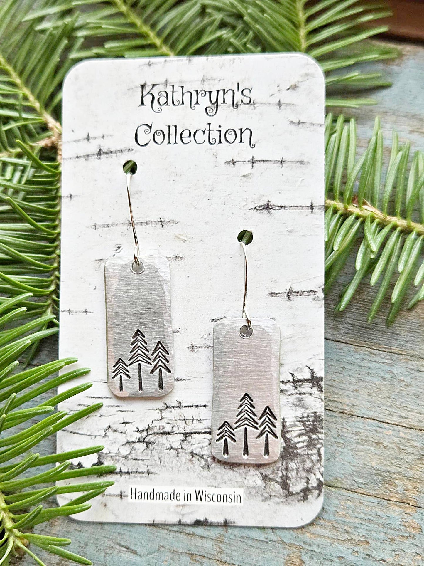 Pine Tree Earrings, Rectangle, Hand-Stamped Aluminum