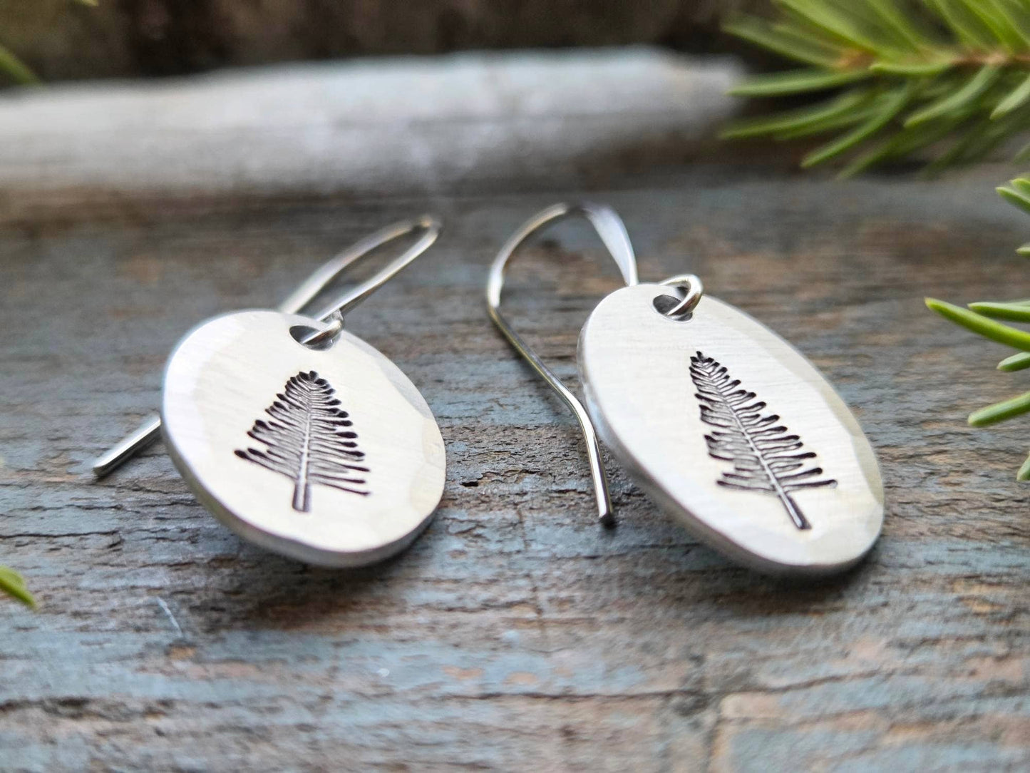 Pine Tree Earrings, Small Oval, Hand-Stamped