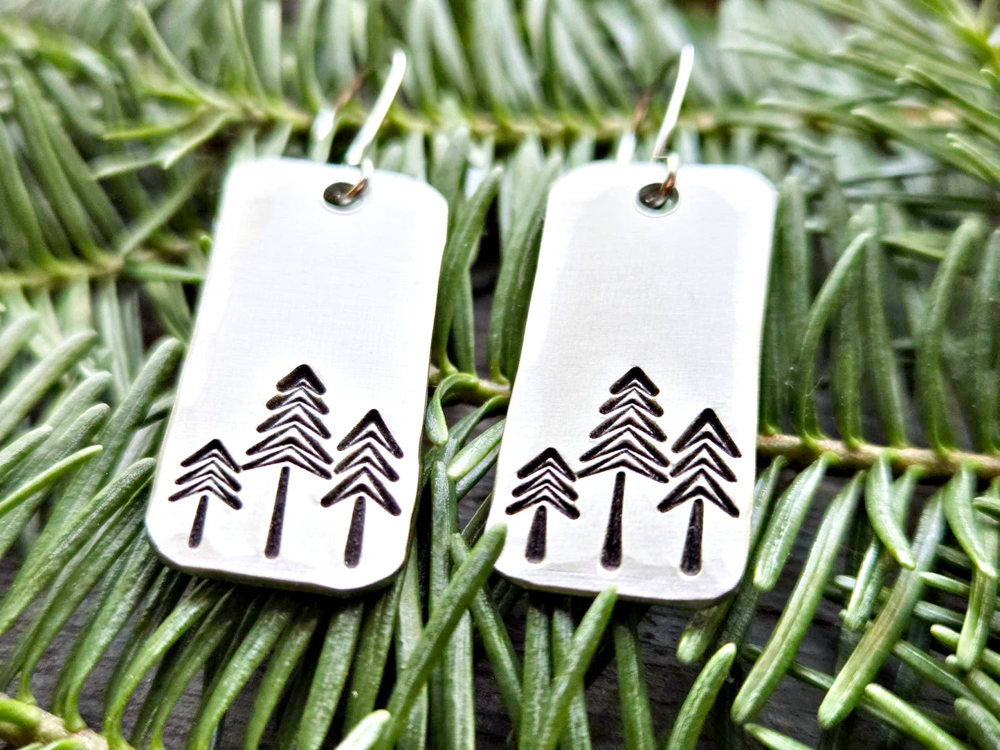 Pine Tree Earrings, Rectangle, Hand-Stamped Aluminum
