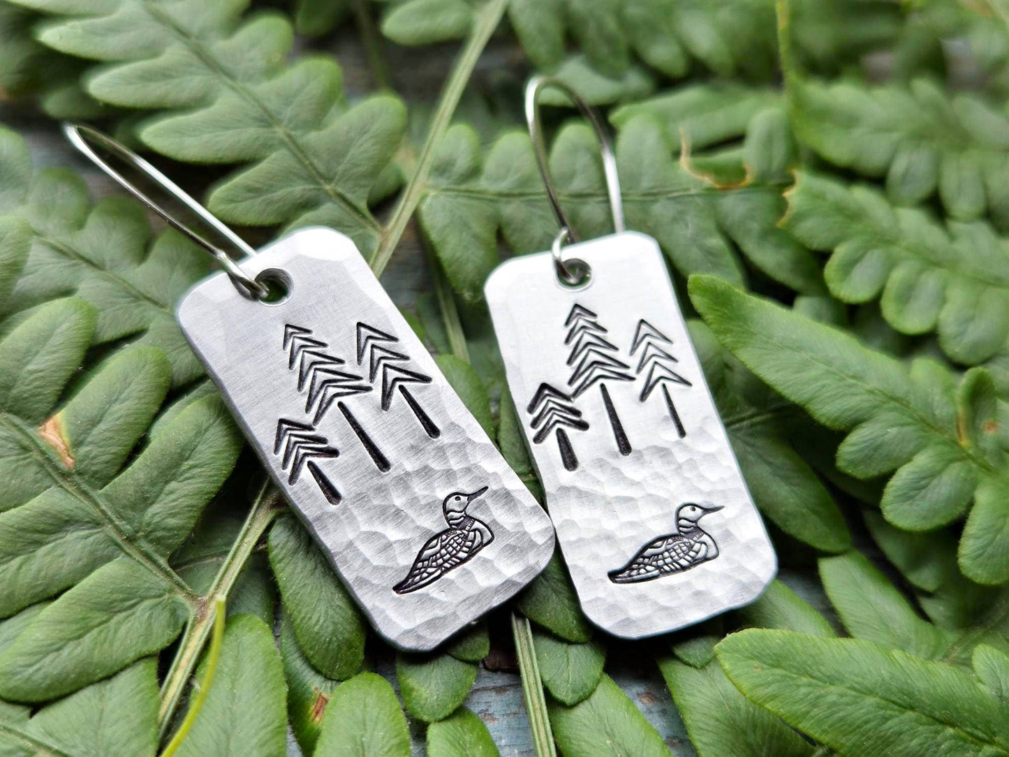 Loon Earrings, Hand-Stamped Aluminum