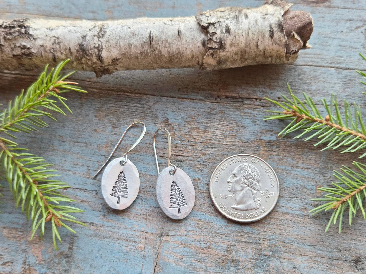 Pine Tree Earrings, Small Oval, Hand-Stamped