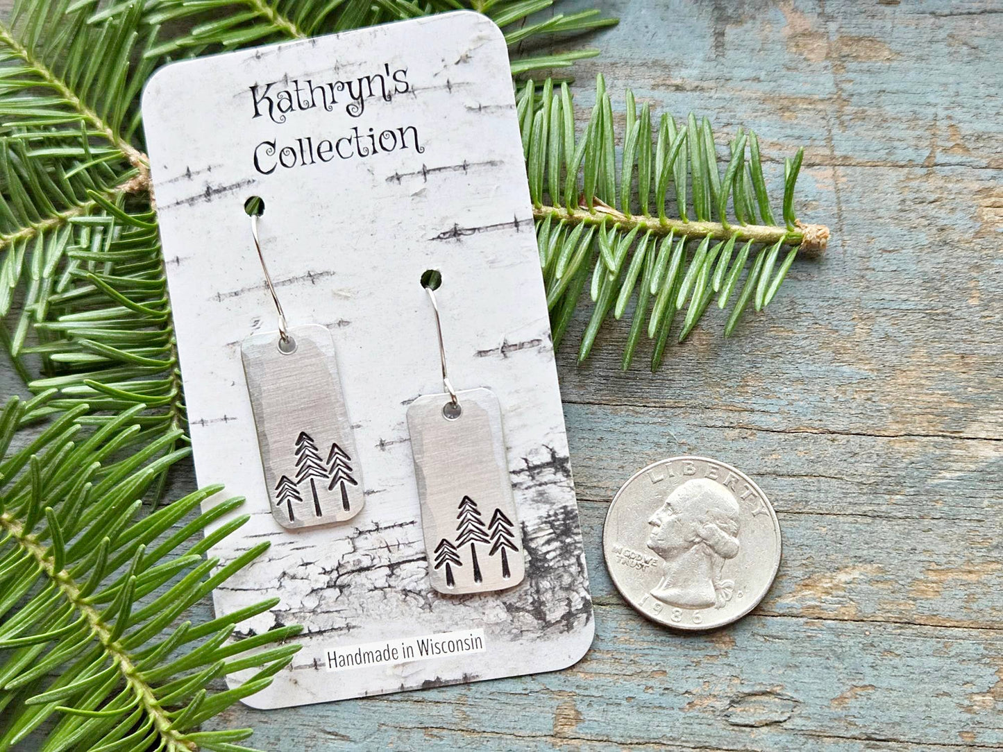 Pine Tree Earrings, Rectangle, Hand-Stamped Aluminum