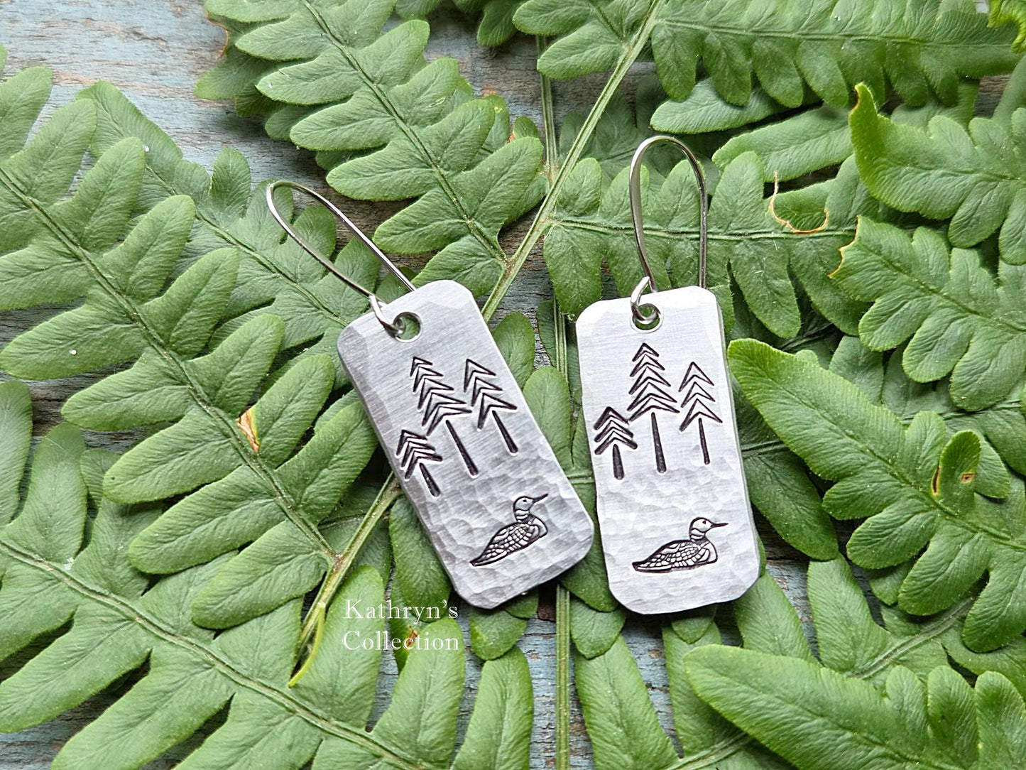 Loon Earrings, Hand-Stamped Aluminum