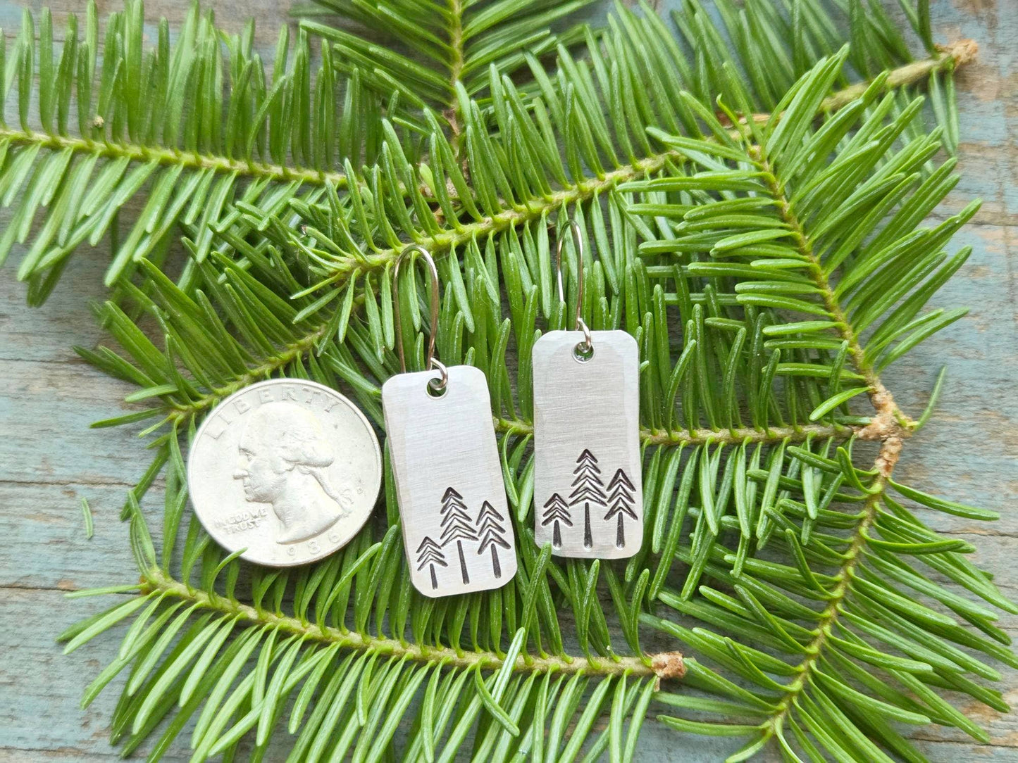 Pine Tree Earrings, Rectangle, Hand-Stamped Aluminum