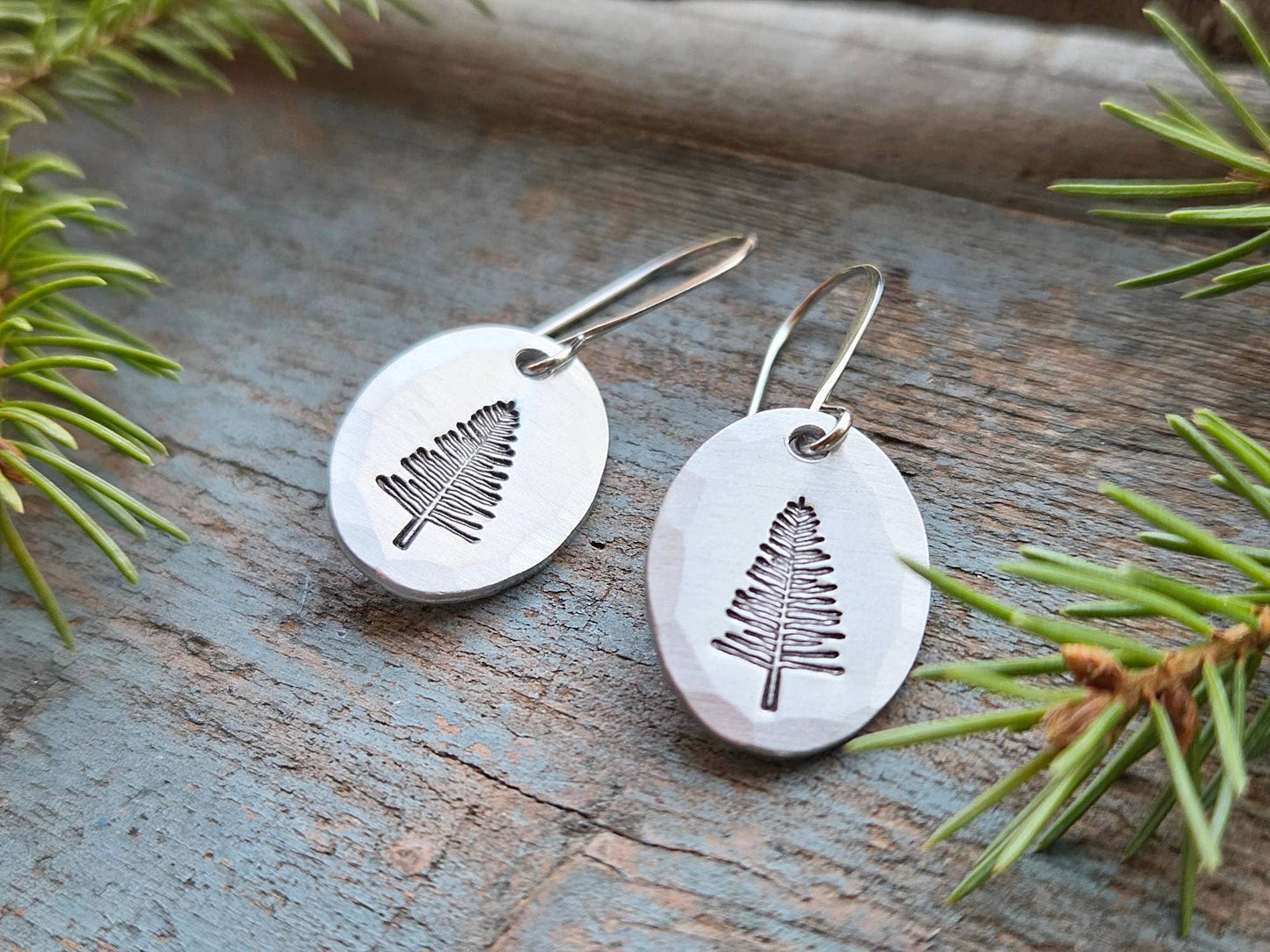 Pine Tree Earrings, Small Oval, Hand-Stamped
