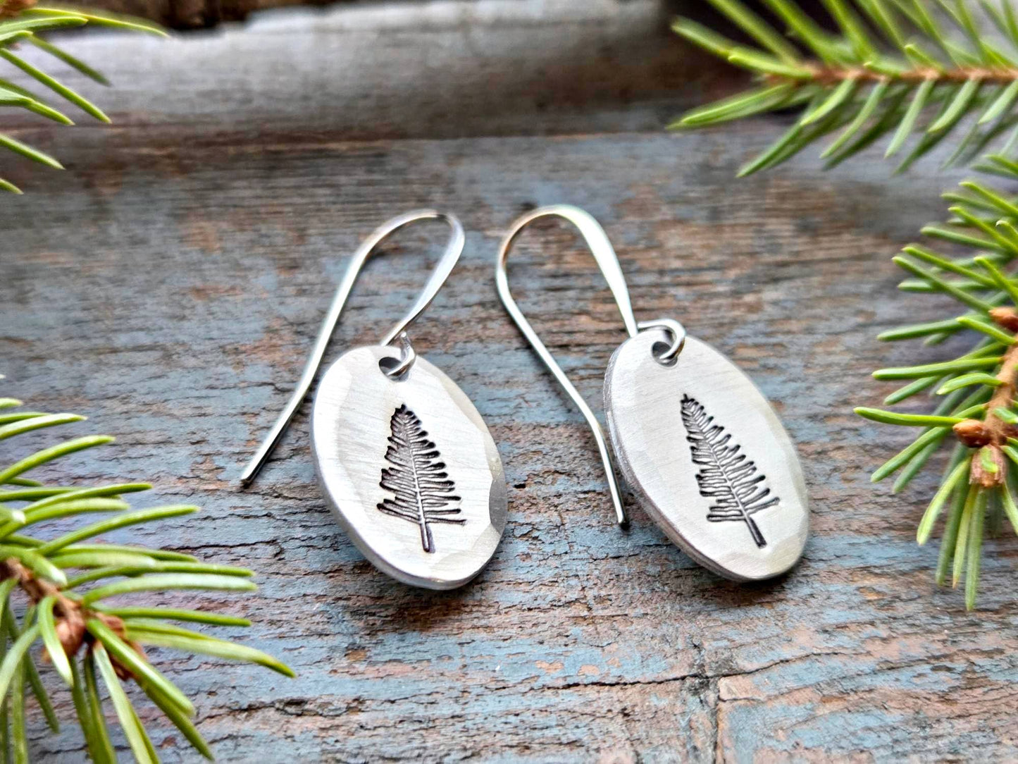 Pine Tree Earrings, Small Oval, Hand-Stamped