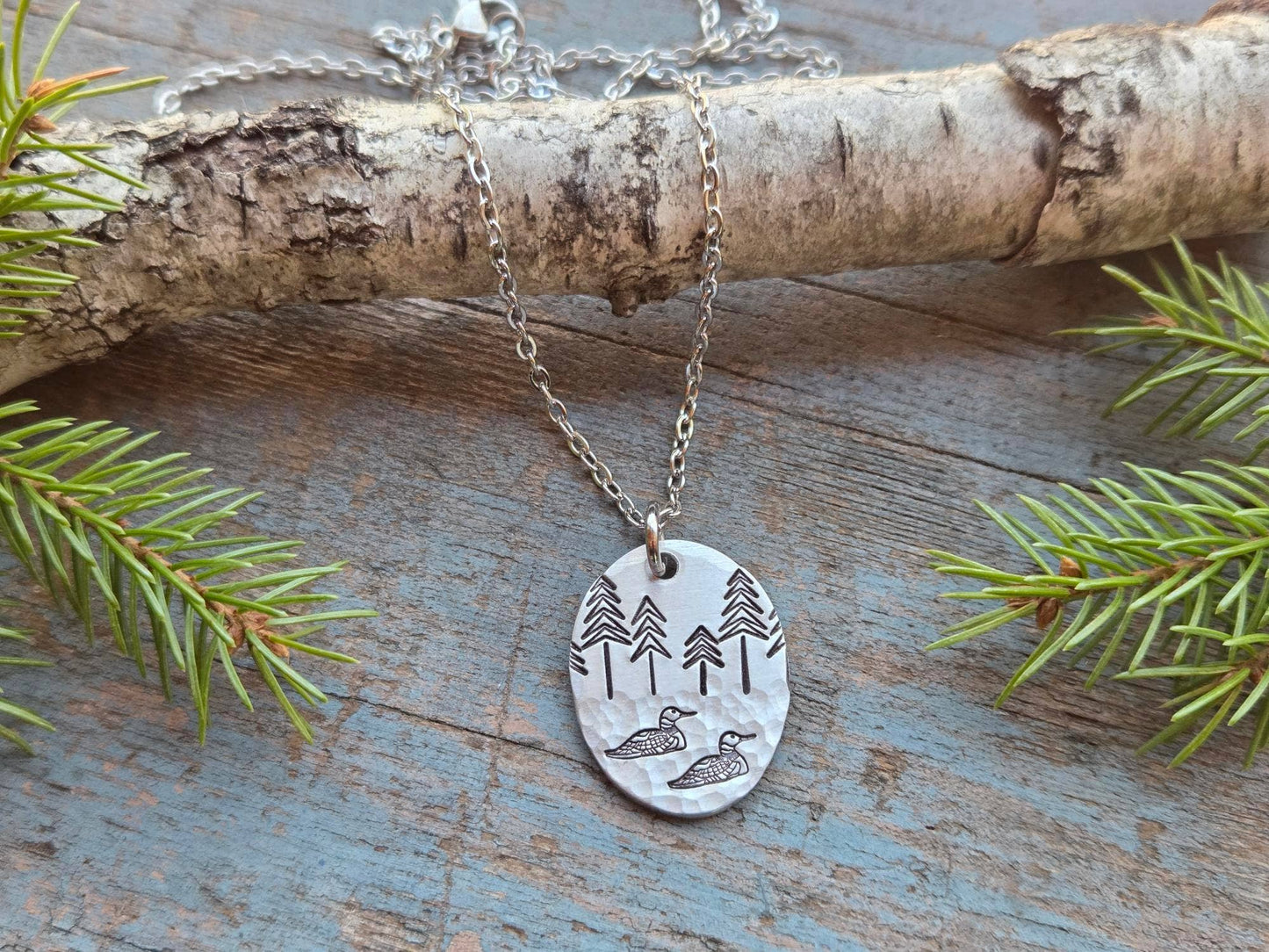 Loon Pendant Necklace, Hand-Stamped