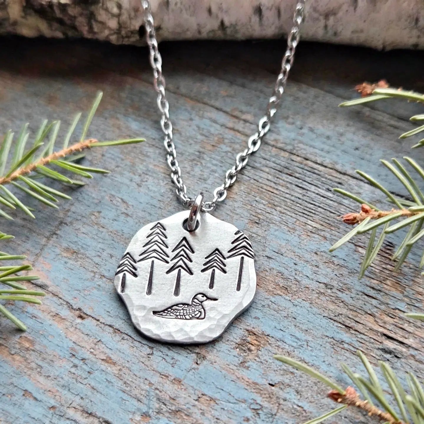 Loon and Pine Tree Necklace