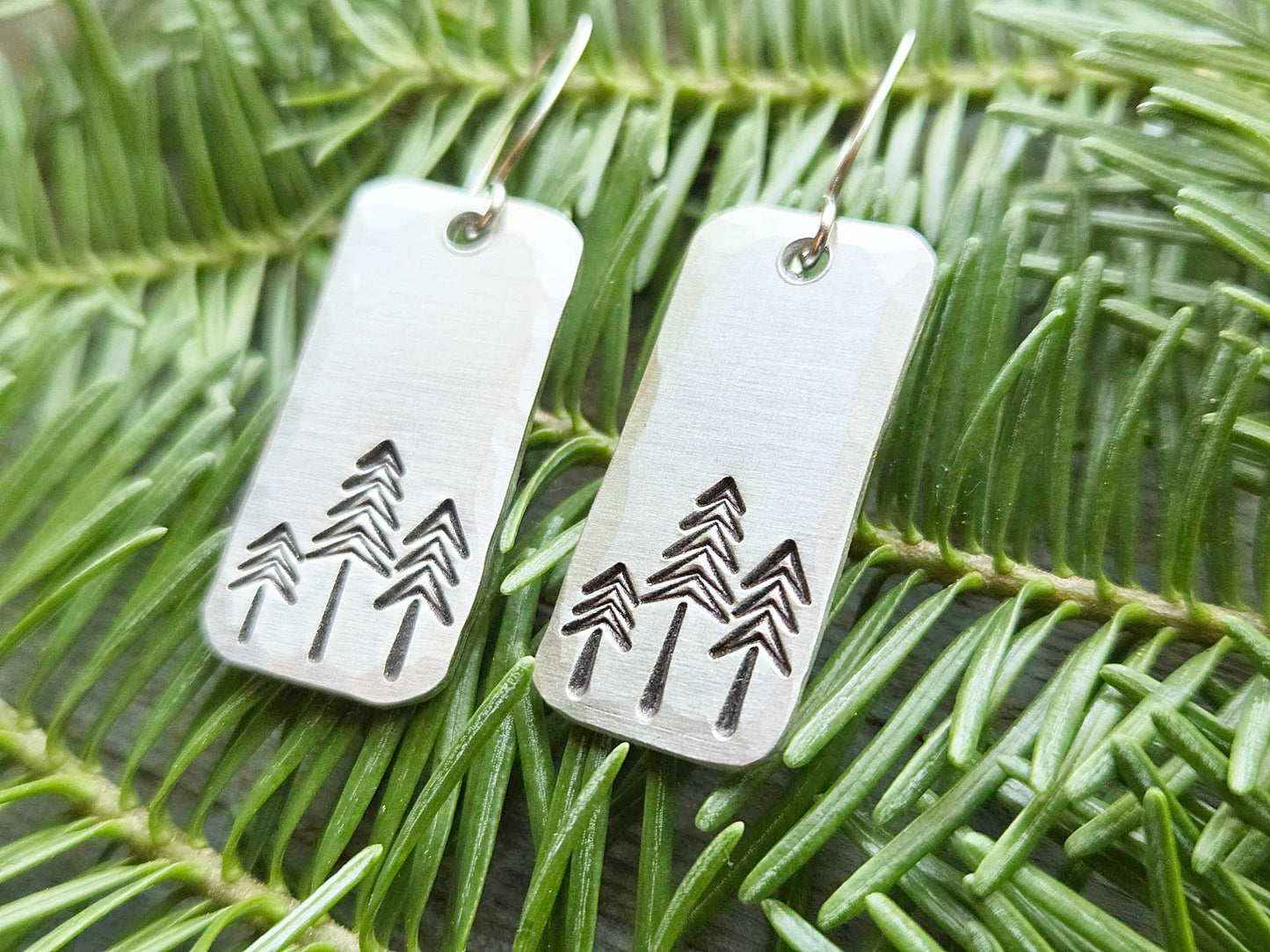 Pine Tree Earrings, Rectangle, Hand-Stamped Aluminum