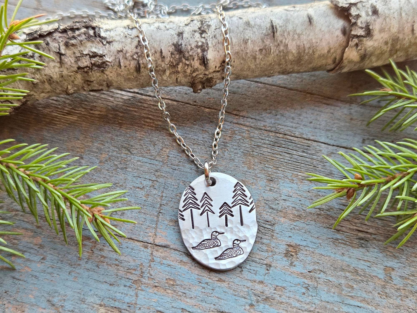 Loon Pendant Necklace, Hand-Stamped