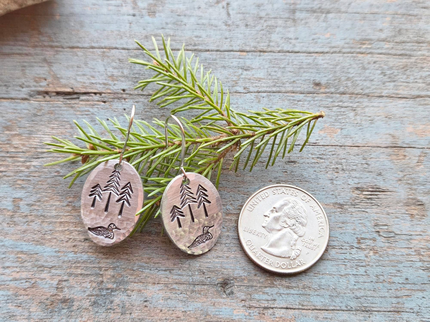 Loon Earrings, Medium, Hand-Stamped