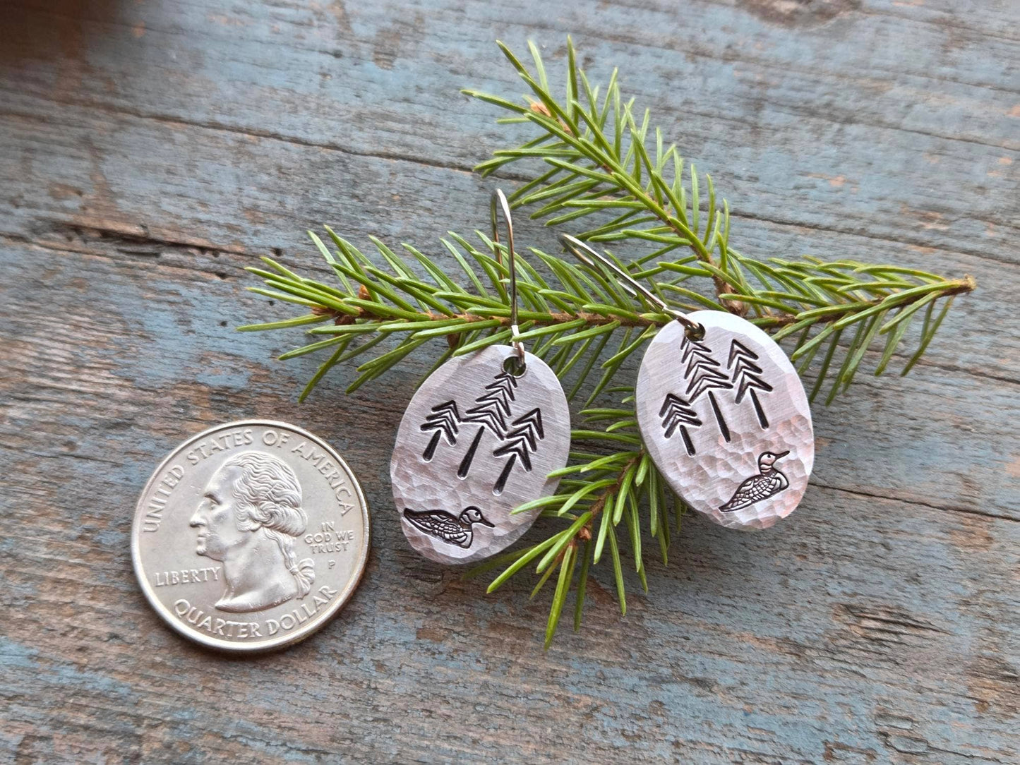 Loon Earrings, Medium, Hand-Stamped