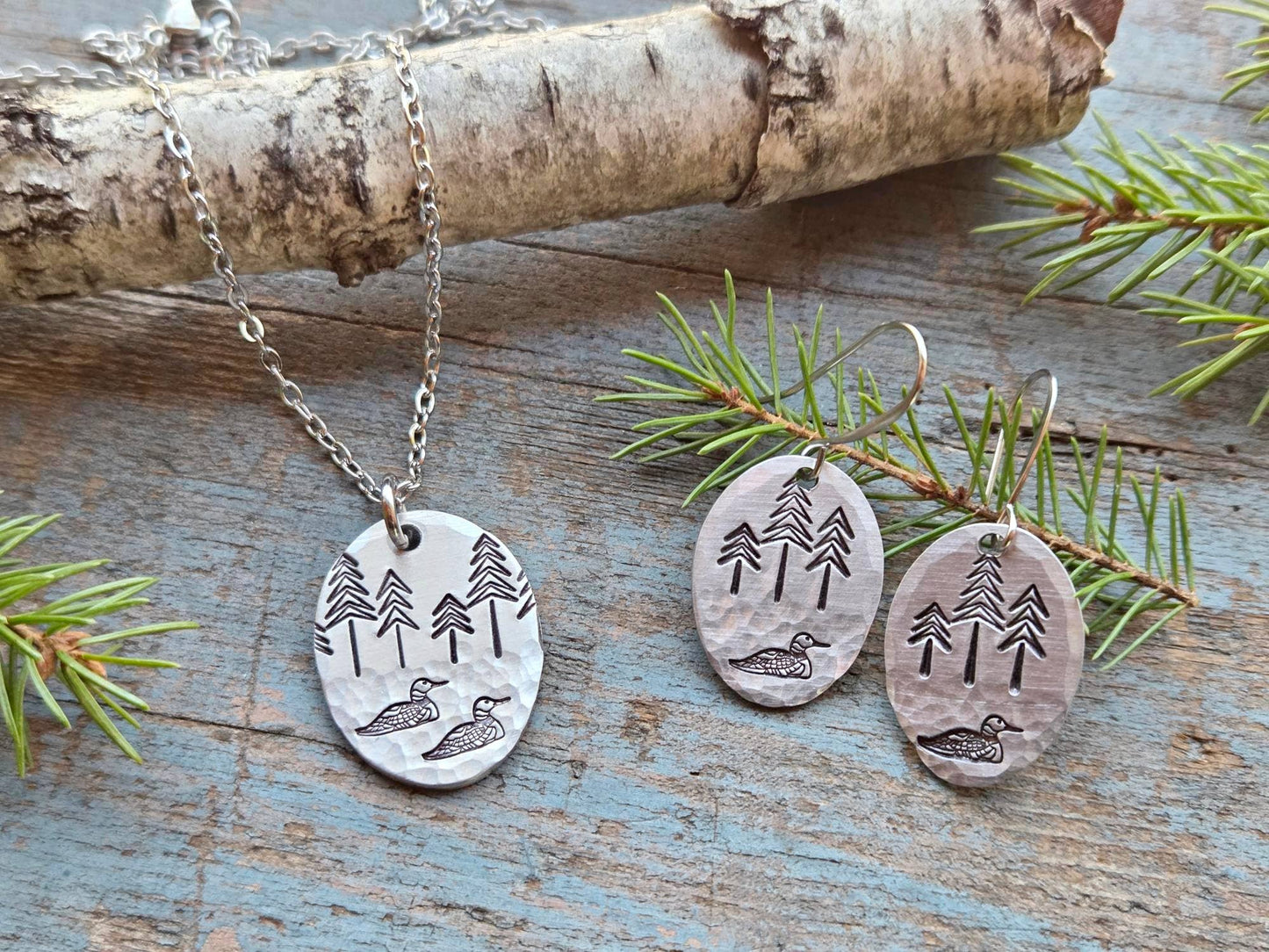 Loon Pendant Necklace, Hand-Stamped