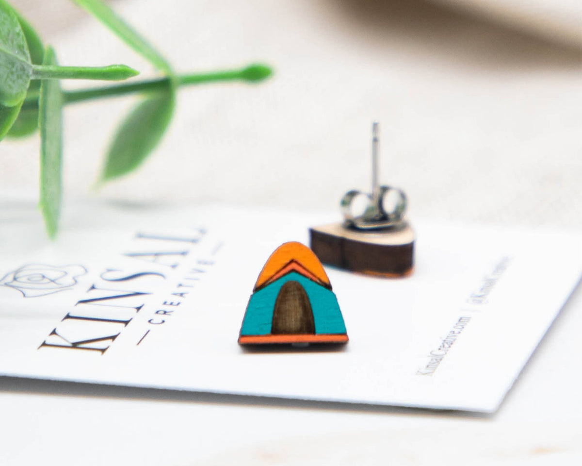 Camping Tent Wood Stud Earrings