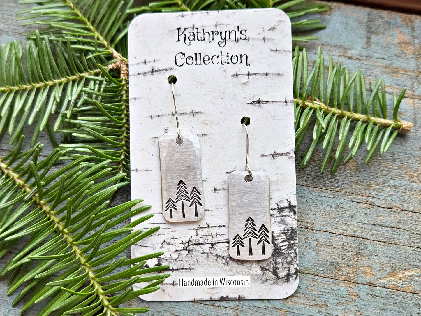 Pine Tree Earrings, Rectangle, Hand-Stamped Aluminum