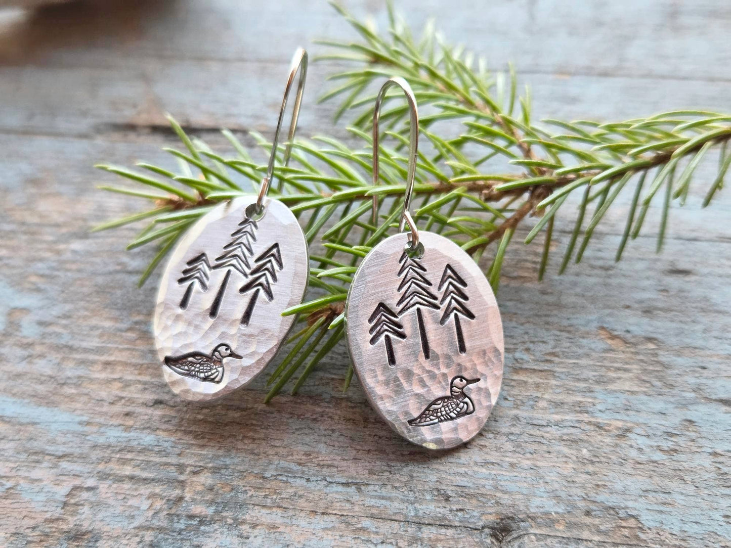 Loon Earrings, Medium, Hand-Stamped
