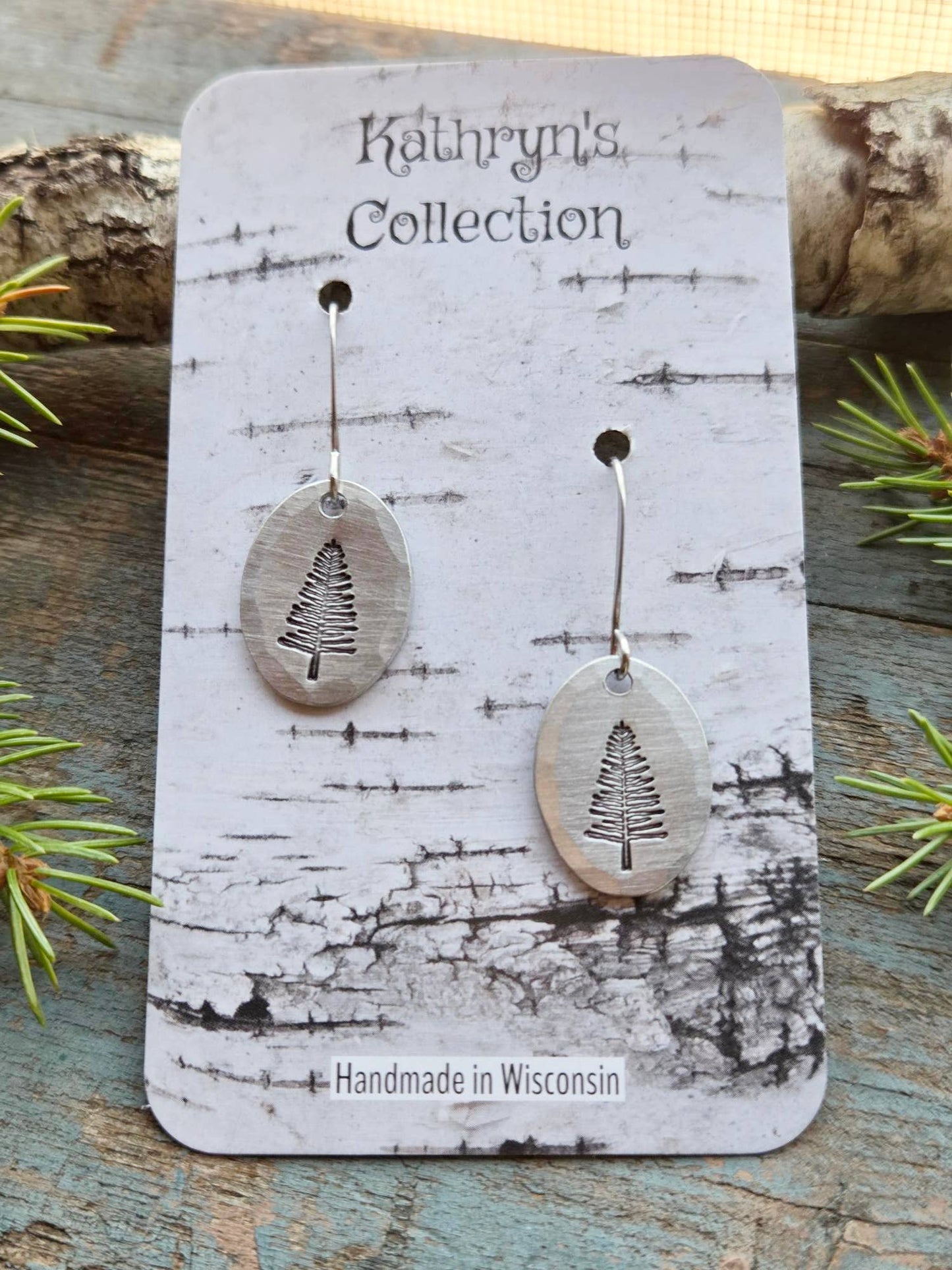 Pine Tree Earrings, Small Oval, Hand-Stamped