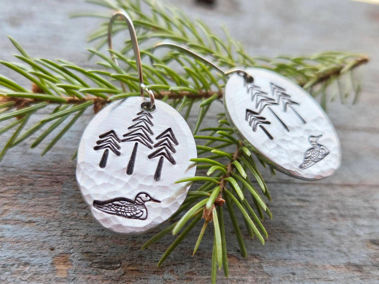 Loon Earrings, Medium, Hand-Stamped