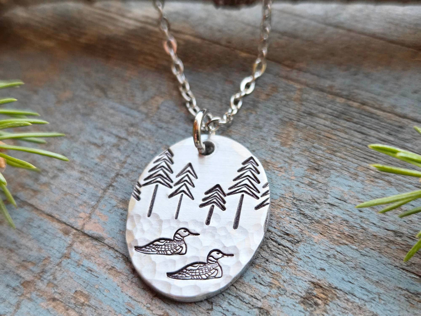 Loon Pendant Necklace, Hand-Stamped