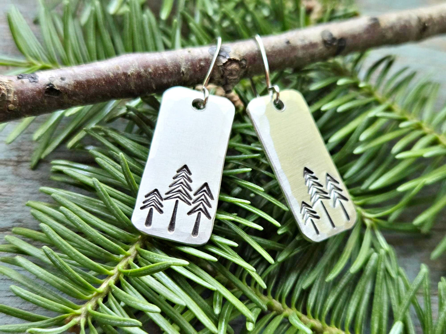 Pine Tree Earrings, Rectangle, Hand-Stamped Aluminum