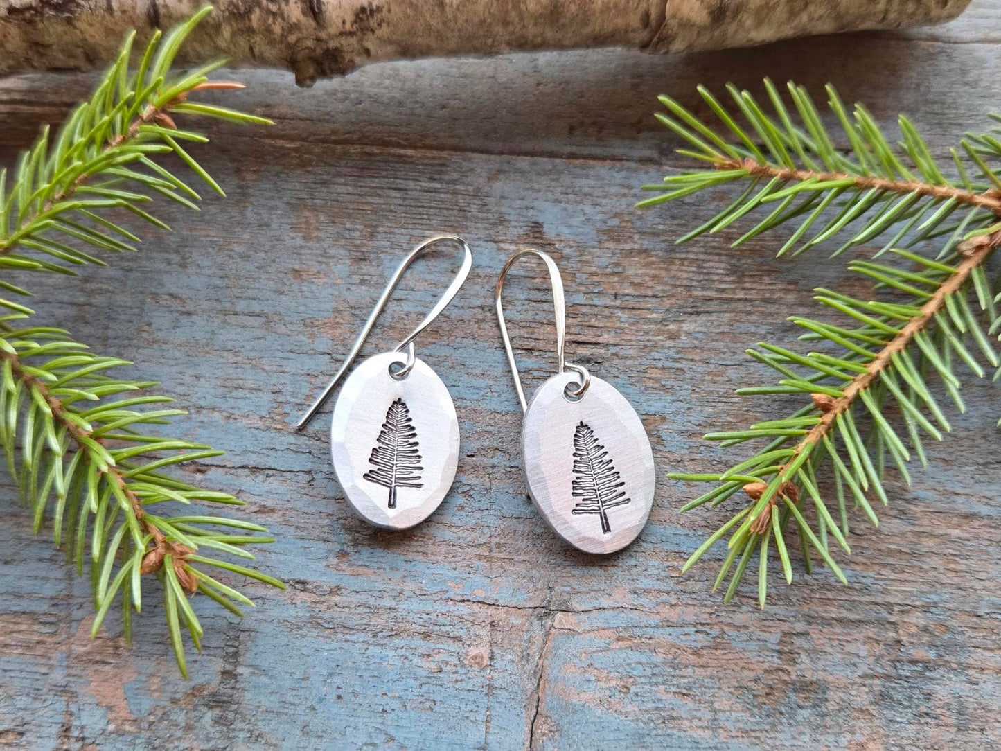 Pine Tree Earrings, Small Oval, Hand-Stamped
