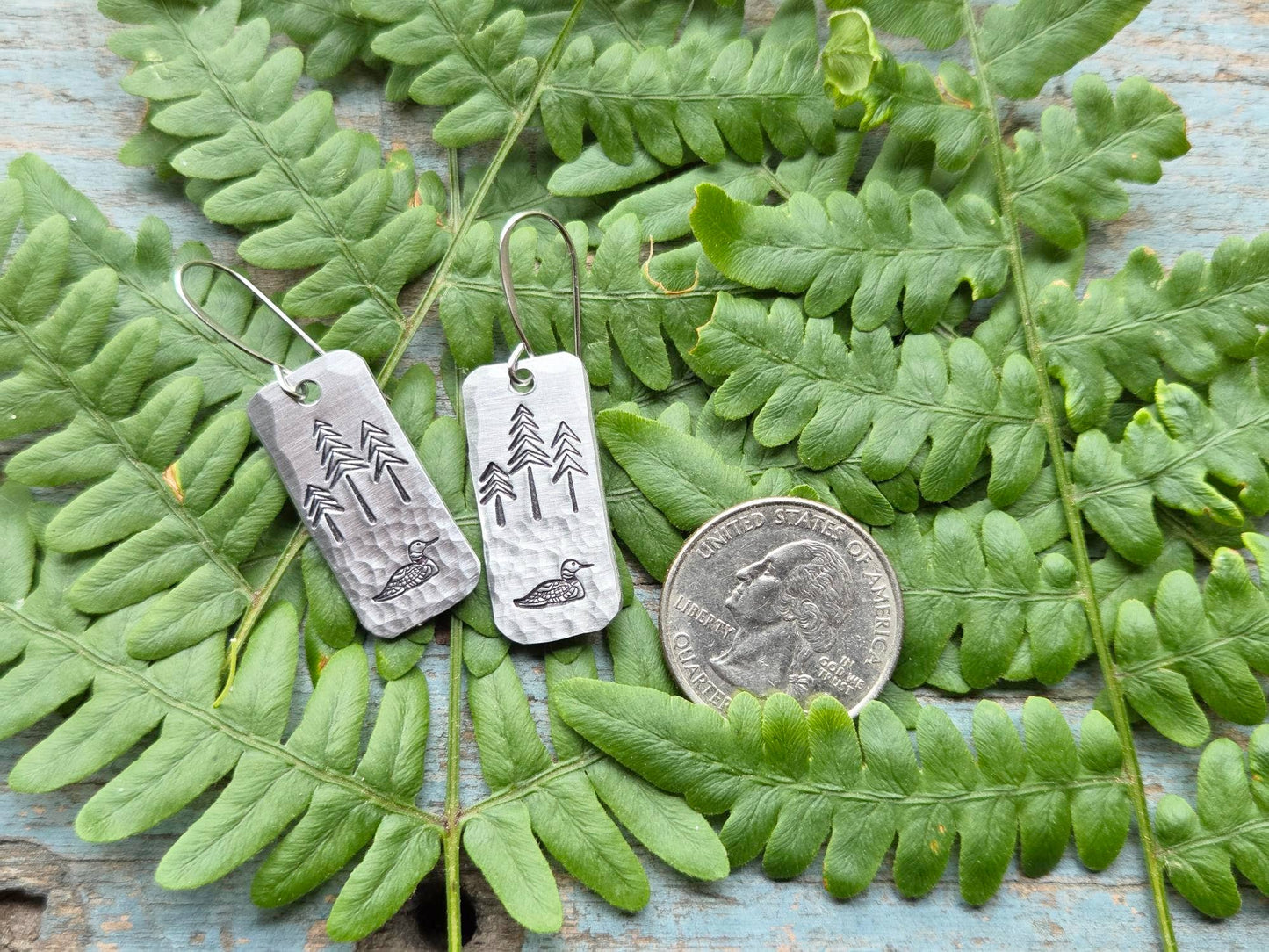 Loon Earrings, Hand-Stamped Aluminum