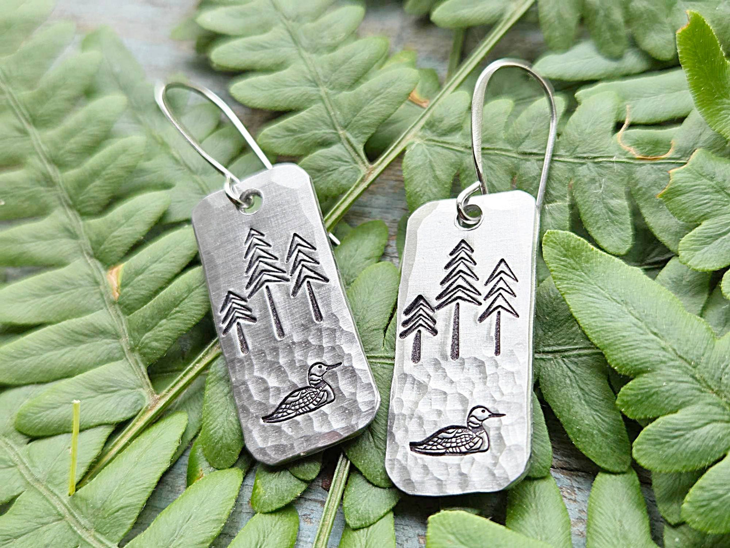 Loon Earrings, Hand-Stamped Aluminum