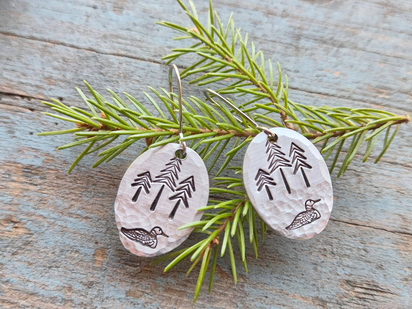 Loon Earrings, Medium, Hand-Stamped