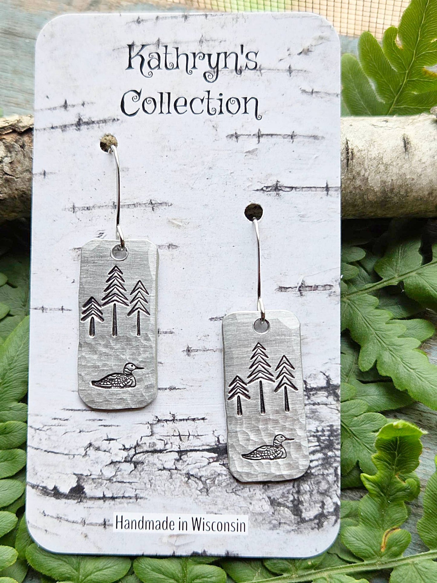 Loon Earrings, Hand-Stamped Aluminum