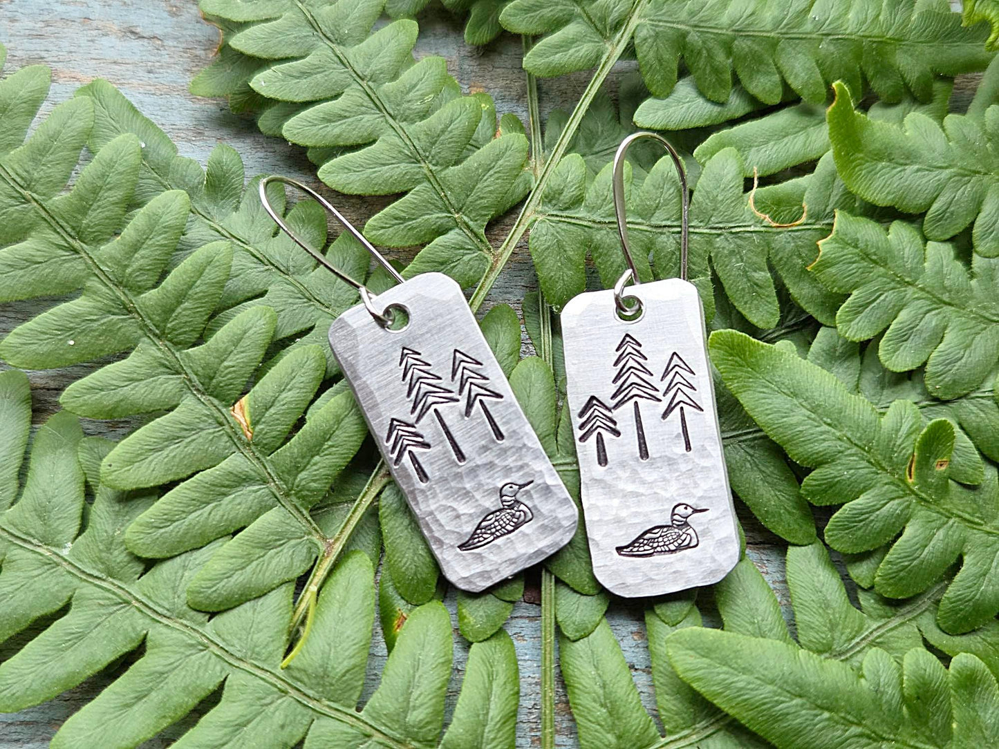 Loon Earrings, Hand-Stamped Aluminum